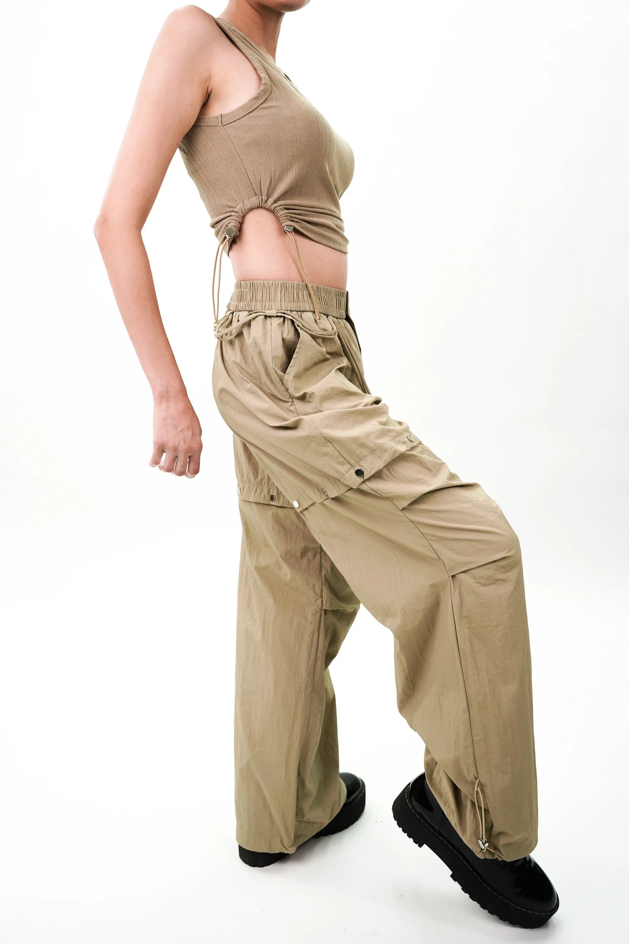 Beige Drawstring Top and Cargo Coord Set