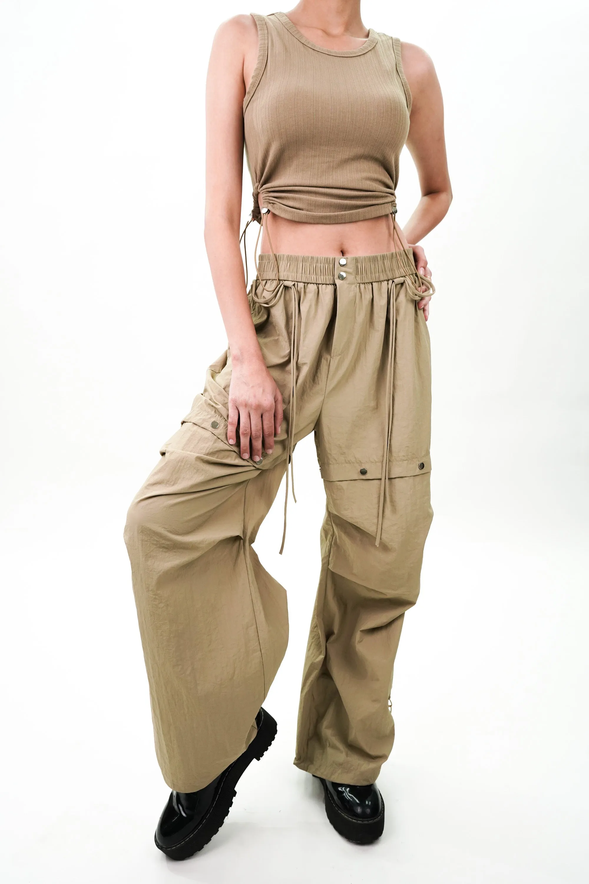 Beige Drawstring Top and Cargo Coord Set