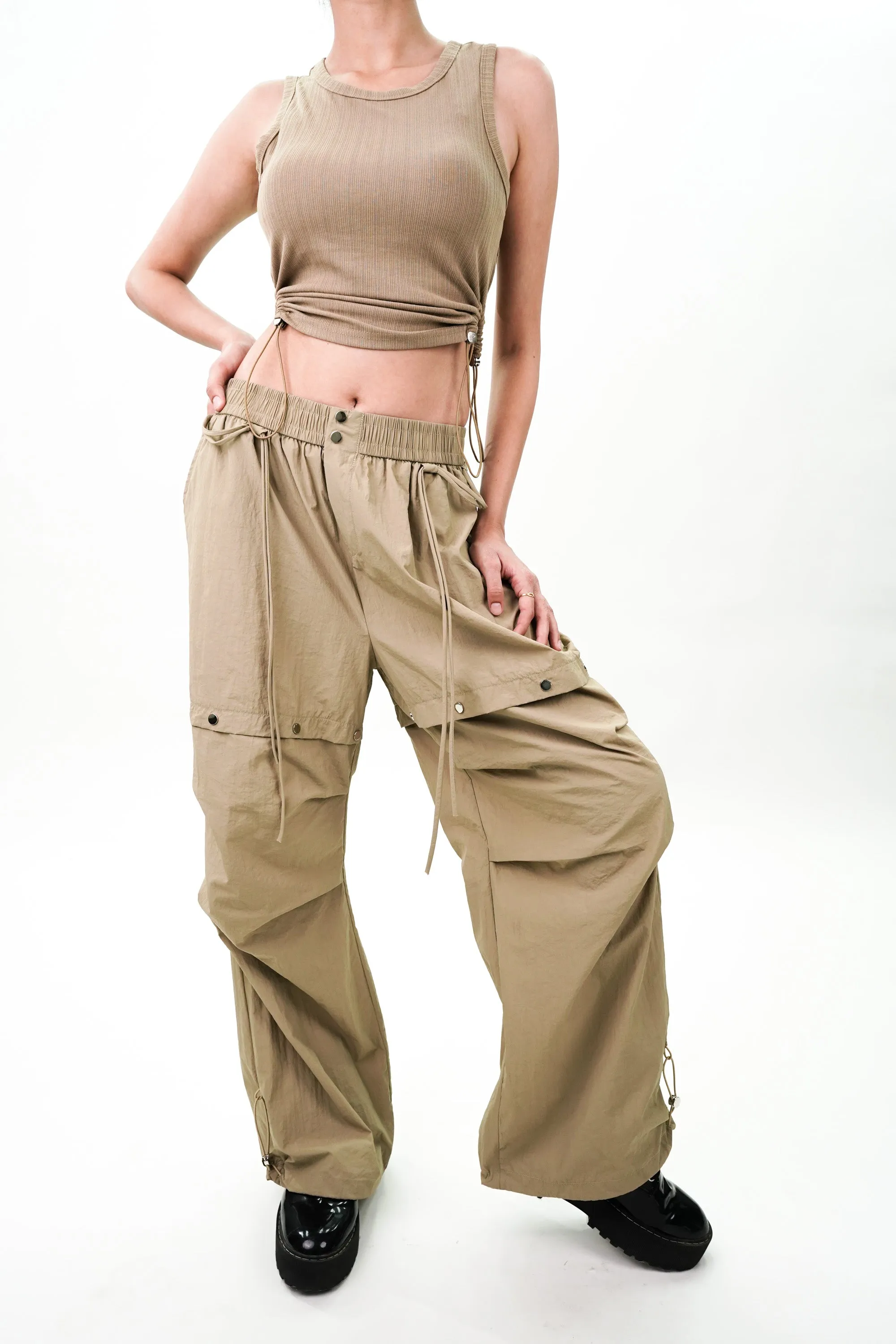 Beige Drawstring Top and Cargo Coord Set