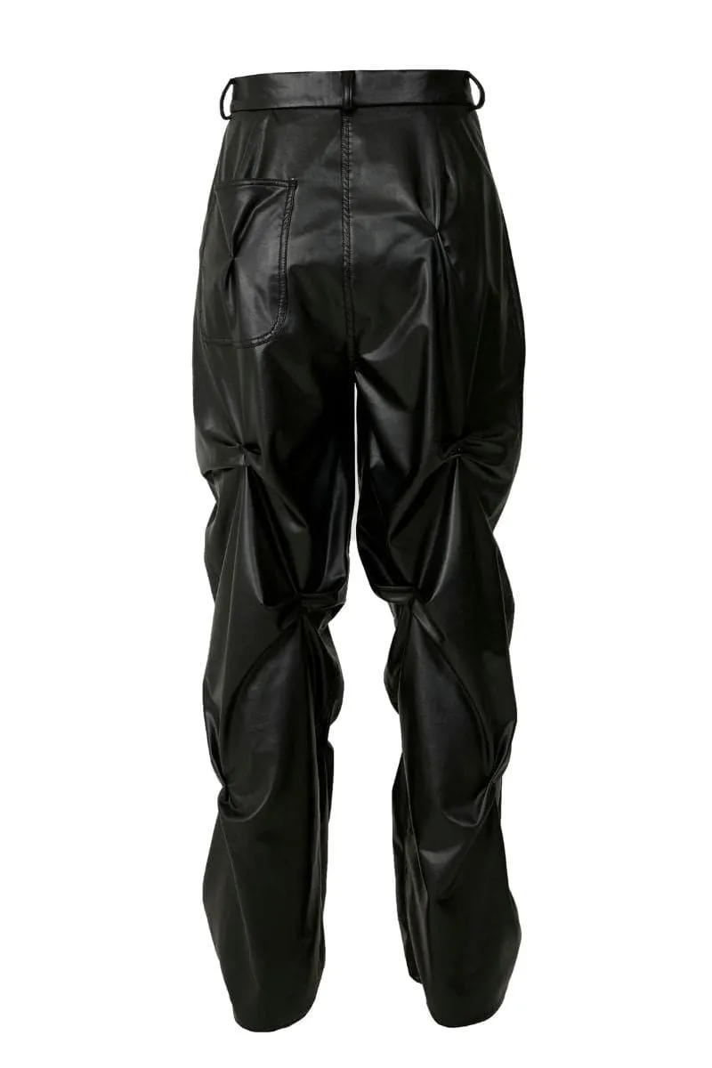 BLACK FAUX LEATHER CRUMPLED PANTS