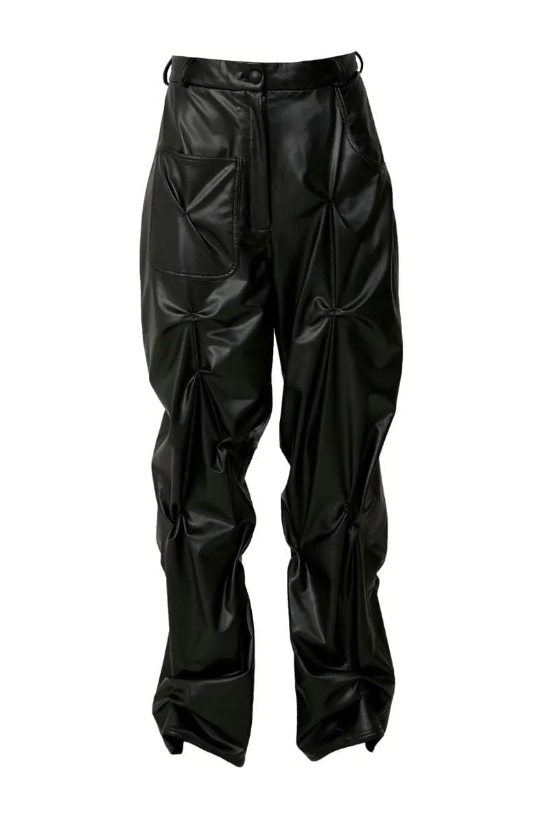 BLACK FAUX LEATHER CRUMPLED PANTS