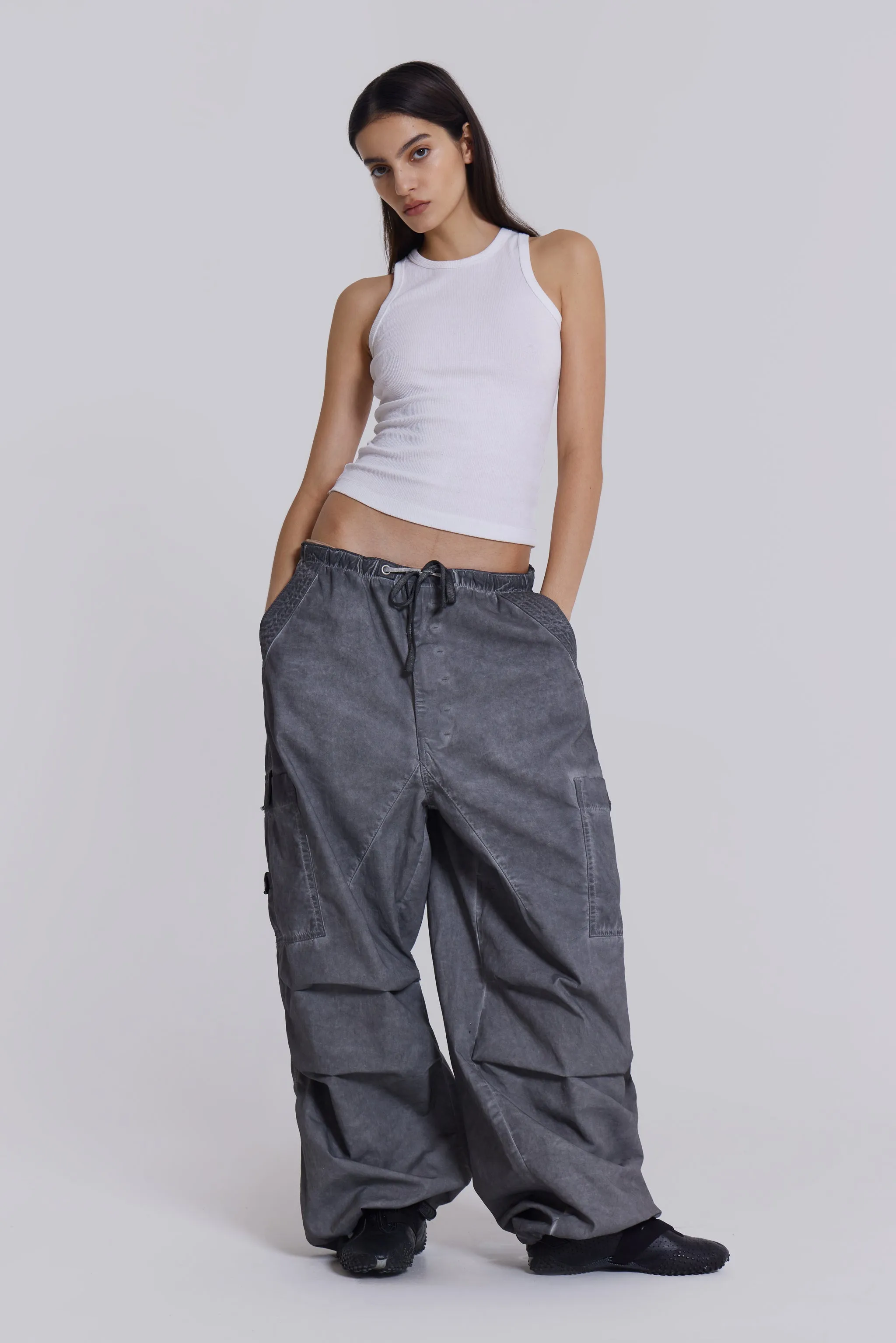 Black Oil Wash Parachute Pants