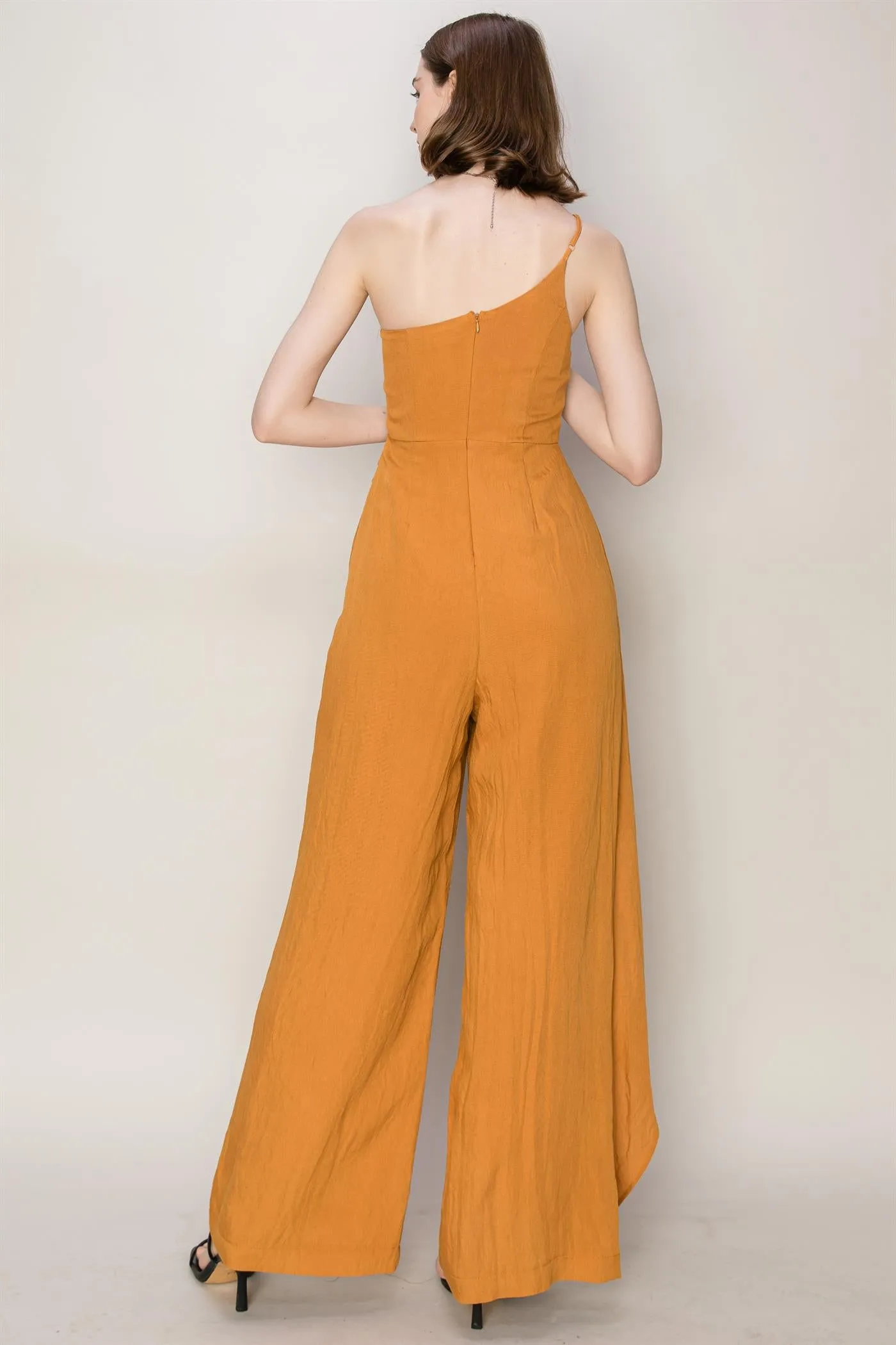 Caramel One Shoulder Sarong Design Jumpsuit