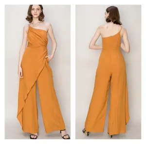 Caramel One Shoulder Sarong Design Jumpsuit