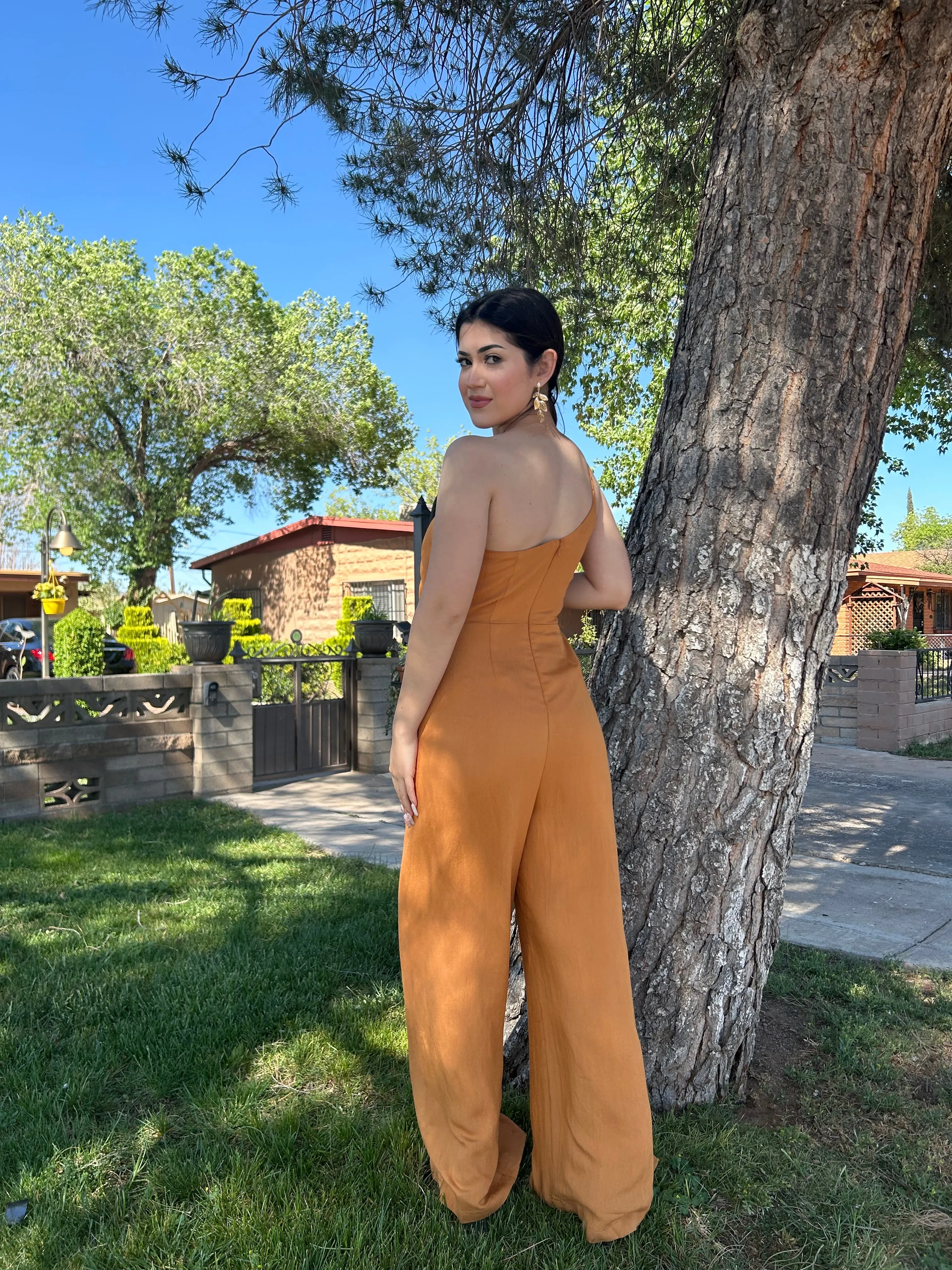 Caramel One Shoulder Sarong Design Jumpsuit