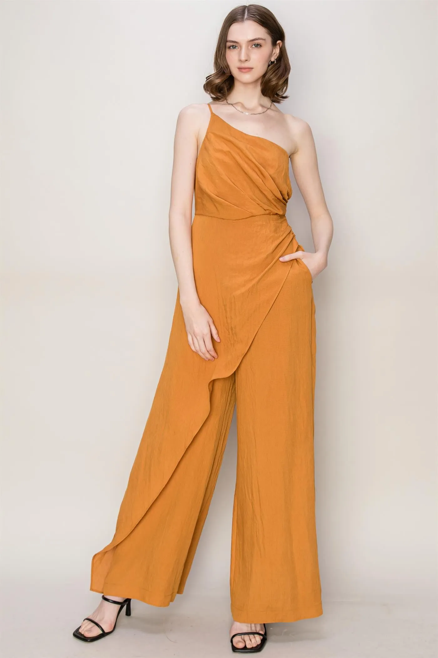 Caramel One Shoulder Sarong Design Jumpsuit