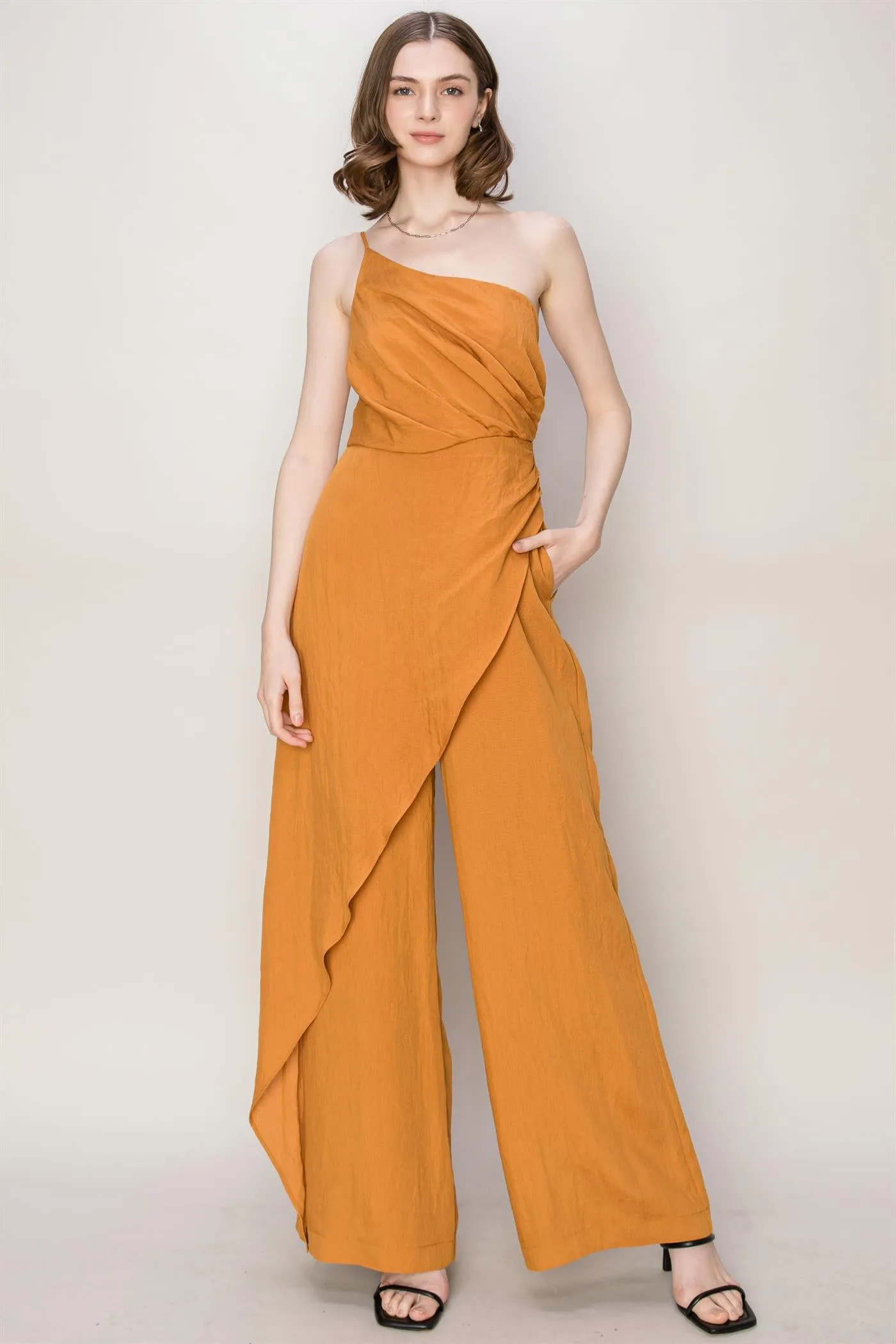 Caramel One Shoulder Sarong Design Jumpsuit