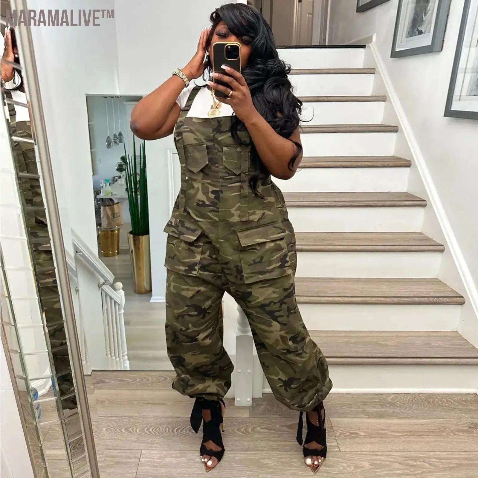 Casual Women's Camouflage Cargo Jumpsuit 2024 Summer Sleeveless Comfortable Fashion Ladies Wide Set Pants