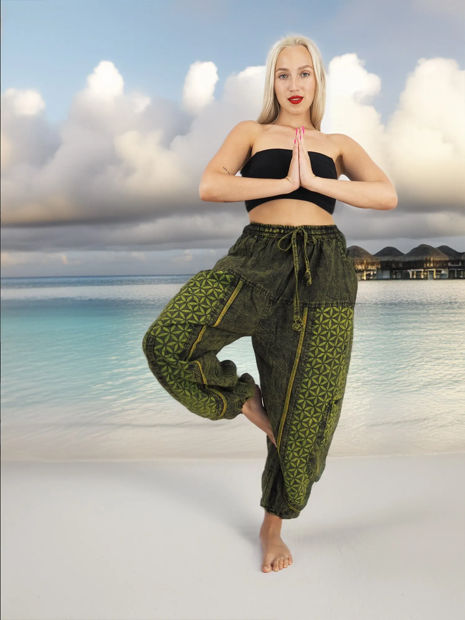 Handmade Casual Boho Cotton Hippie Yoga Pants Size S To XL Green