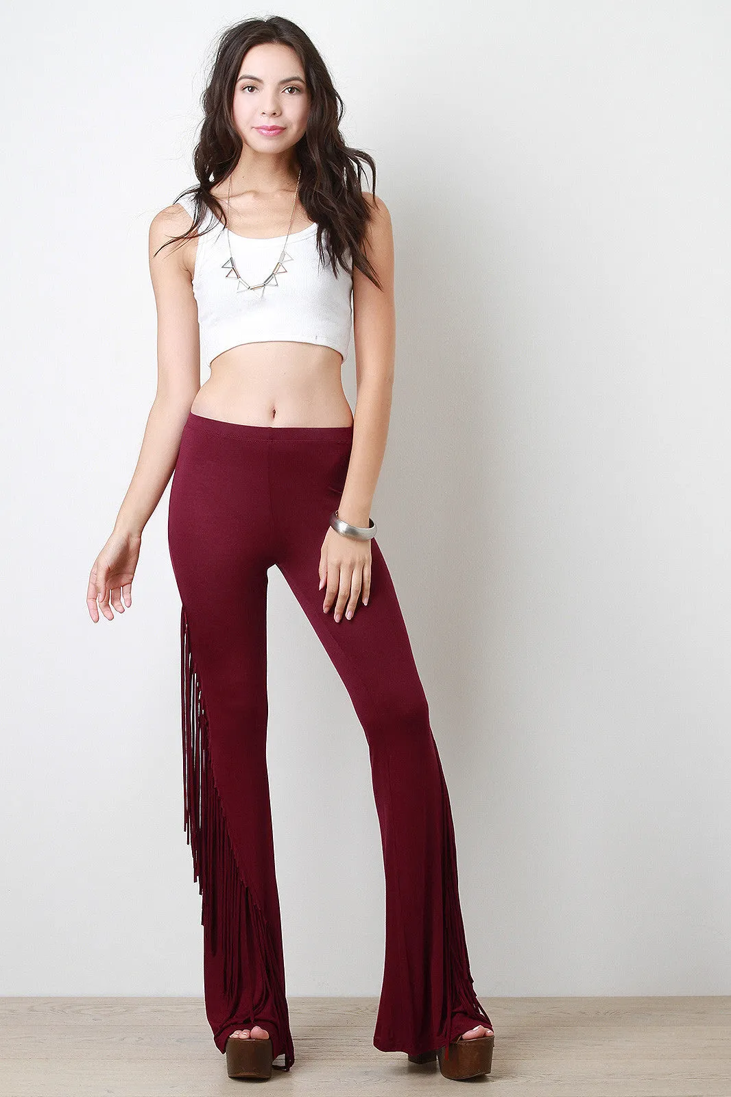 Jersey Knit Side Fringe Flared Bottom Pants