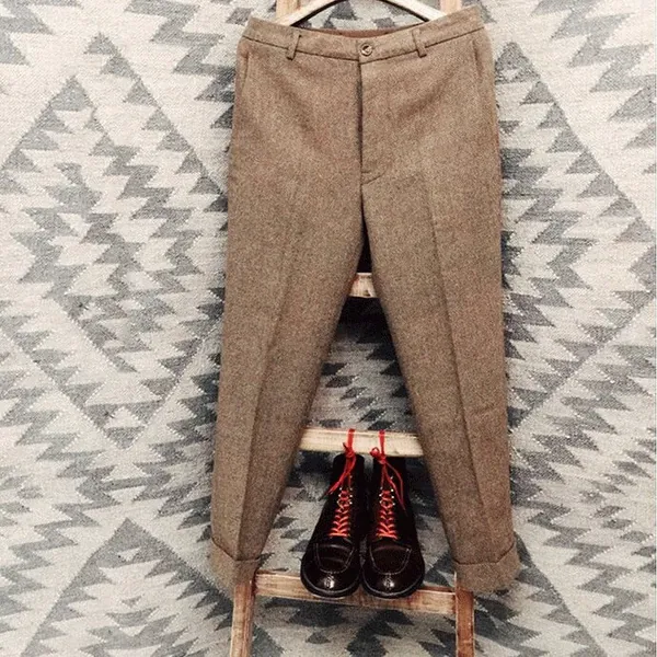 Large Size Retro Casual Stripe Herringbone Wool Pants