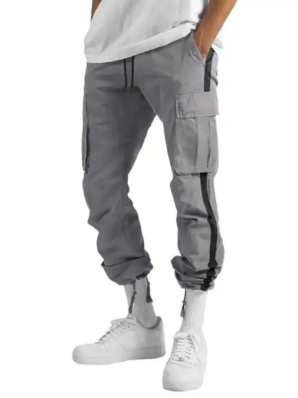 Men’s new fashionable casual drawstring pockets color-blocked overalls trousers