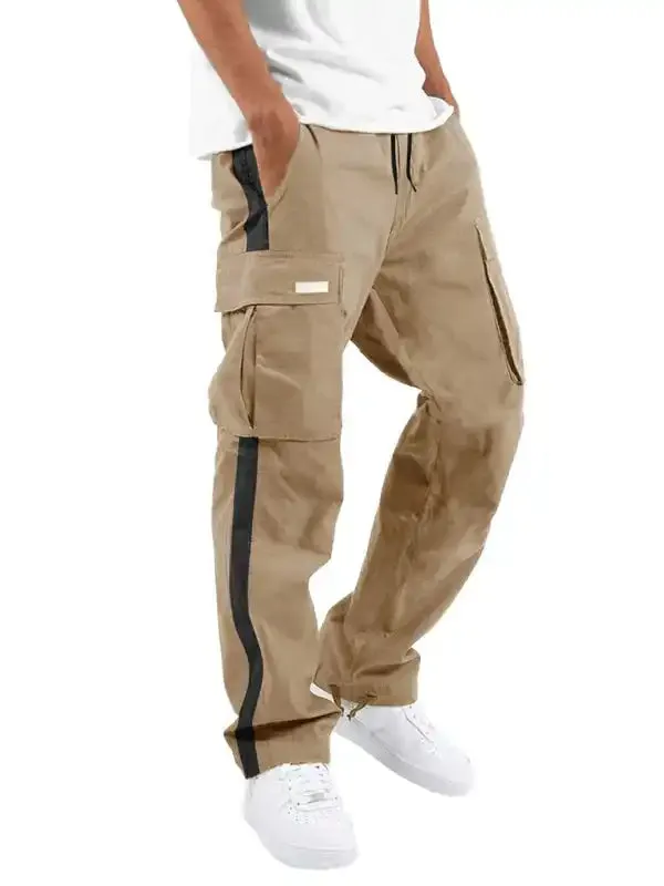 Men’s new fashionable casual drawstring pockets color-blocked overalls trousers