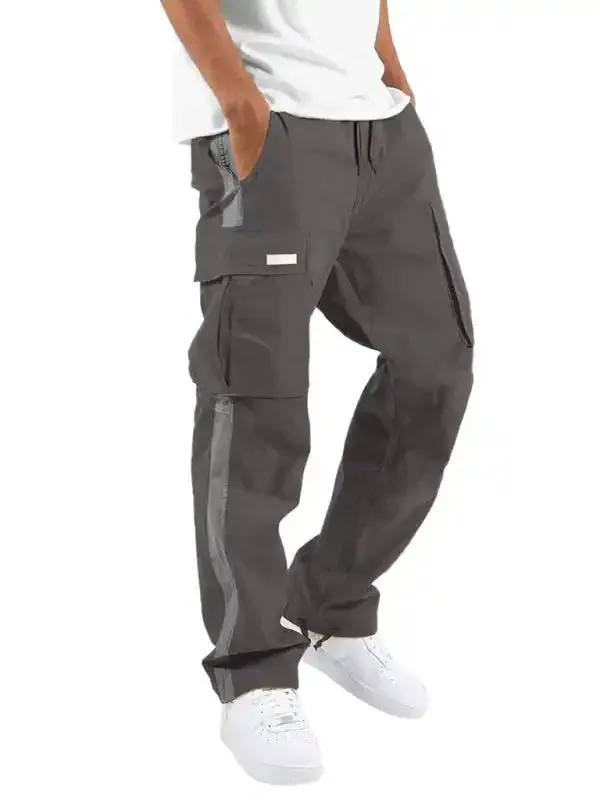 Men’s new fashionable casual drawstring pockets color-blocked overalls trousers