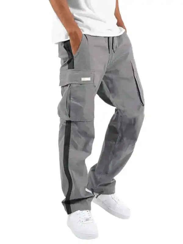 Men’s new fashionable casual drawstring pockets color-blocked overalls trousers