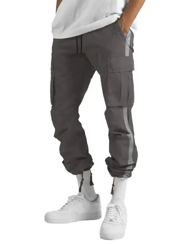 Men’s new fashionable casual drawstring pockets color-blocked overalls trousers