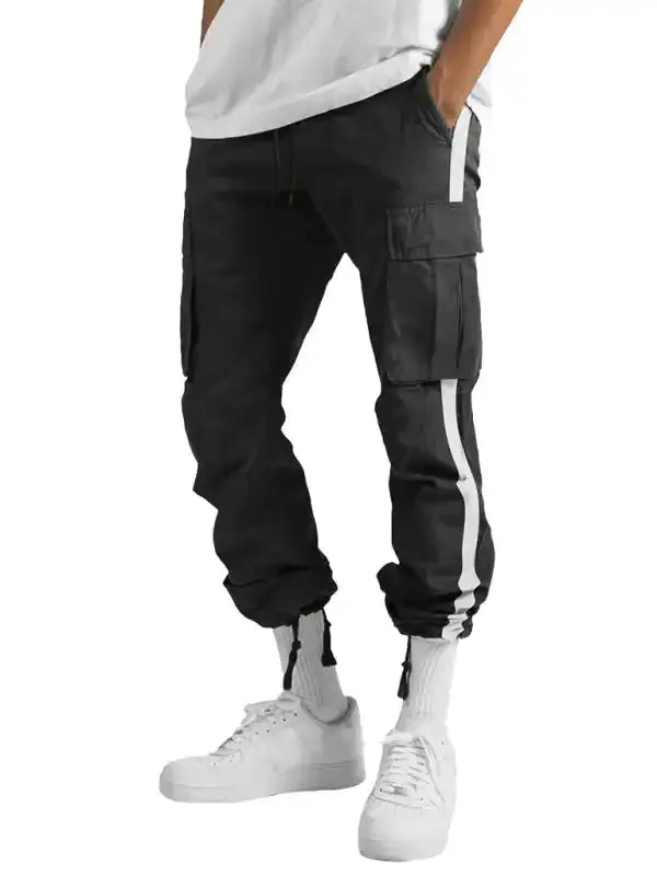 Men’s new fashionable casual drawstring pockets color-blocked overalls trousers