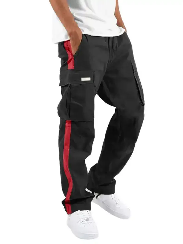 Men’s new fashionable casual drawstring pockets color-blocked overalls trousers