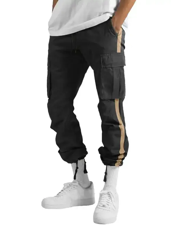 Men’s new fashionable casual drawstring pockets color-blocked overalls trousers