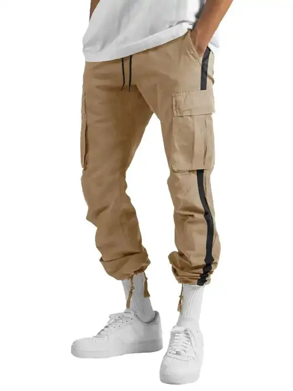 Men’s new fashionable casual drawstring pockets color-blocked overalls trousers