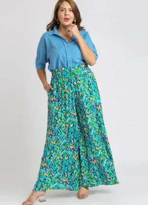 Plus Printed Wide Leg Pant in Mint Blue Mix by Umgee