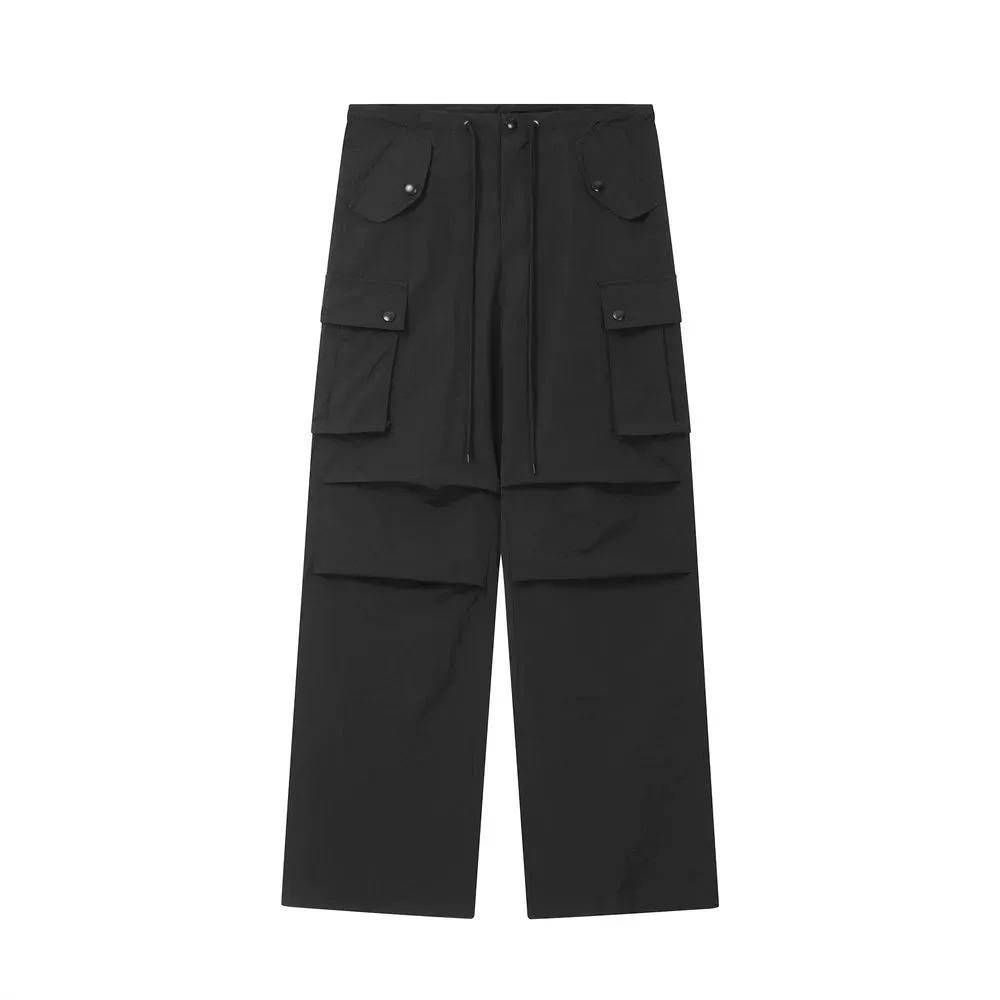 Solid Color Cargo Pants with Drawstring Elastic Waist - Loose Straight Wide Leg