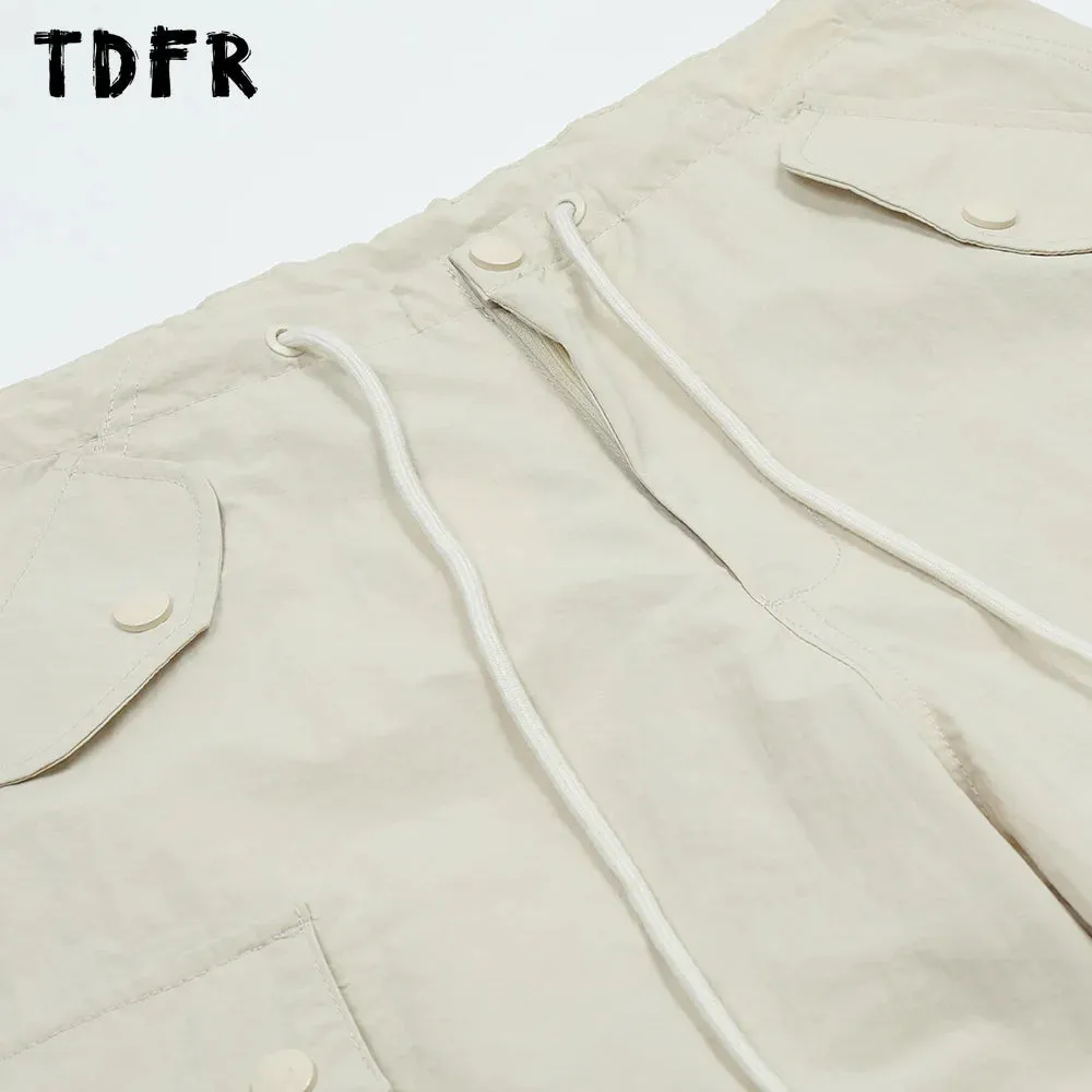 Solid Color Cargo Pants with Drawstring Elastic Waist - Loose Straight Wide Leg