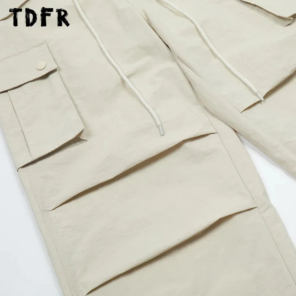 Solid Color Cargo Pants with Drawstring Elastic Waist - Loose Straight Wide Leg