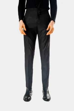 Standard Length Long Sleeve Wool Pants in Double Black Pinstripe