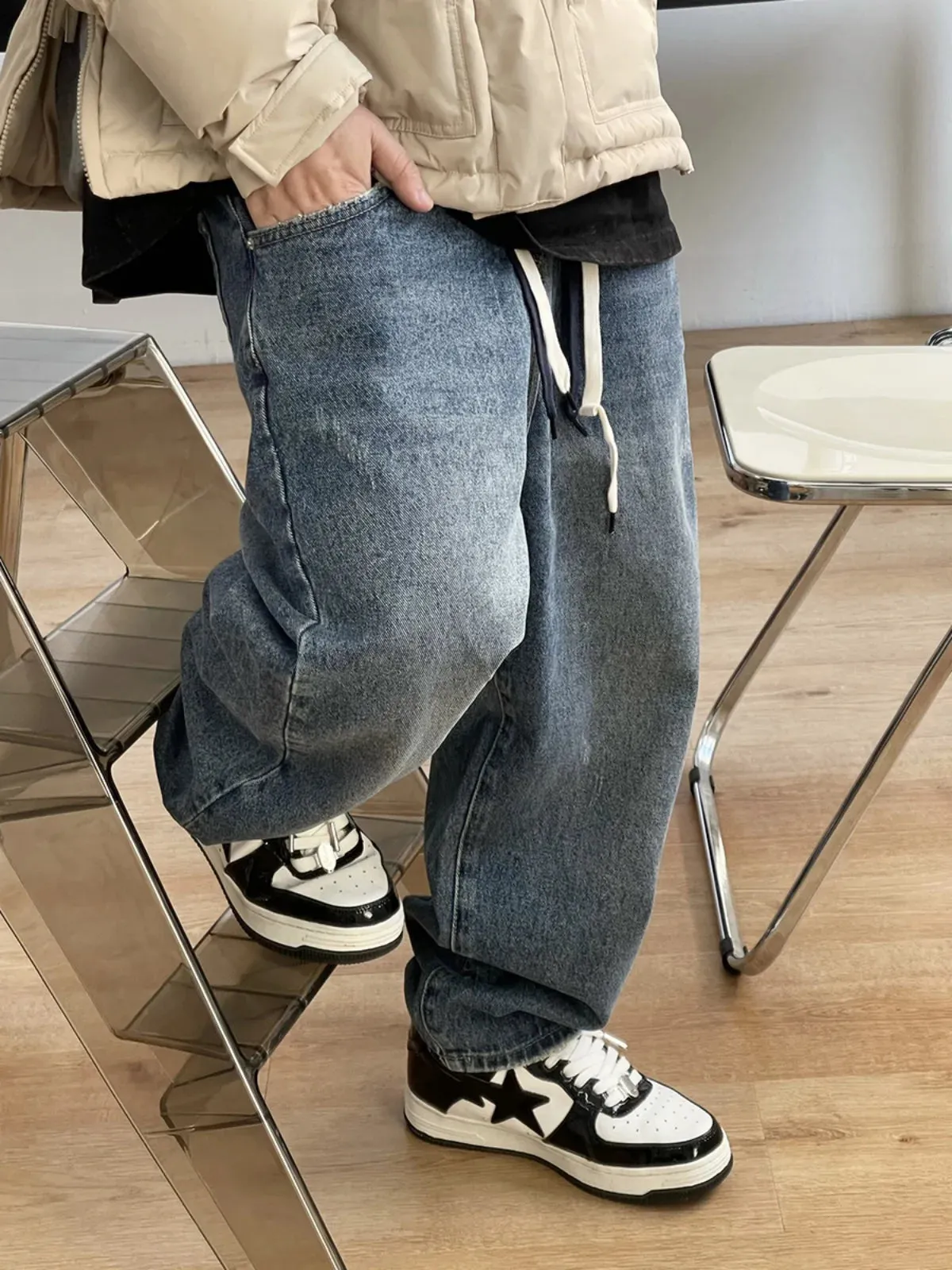 Streetwear Baggy Jeans Korean Denim Cargo Pants Casual Black Trousers