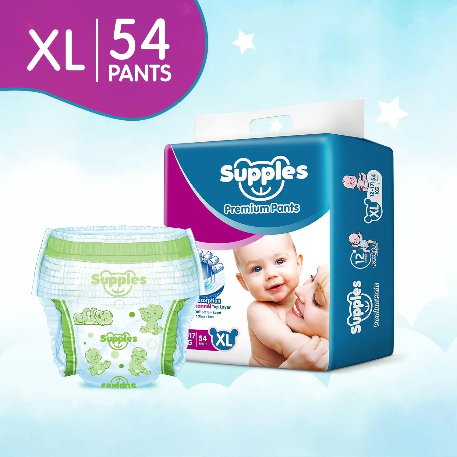 Supples Premium Diapers, X-Large (XL), 54 Count, 12-17 Kg, 12 hrs Absorption Baby Diaper Pants