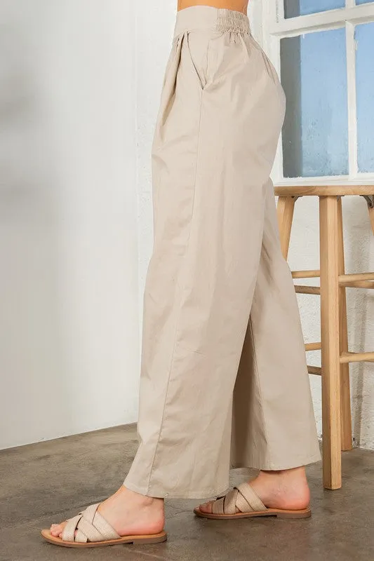 TEEK - Khaki Cotton Wide Leg Side Pocketed Pants