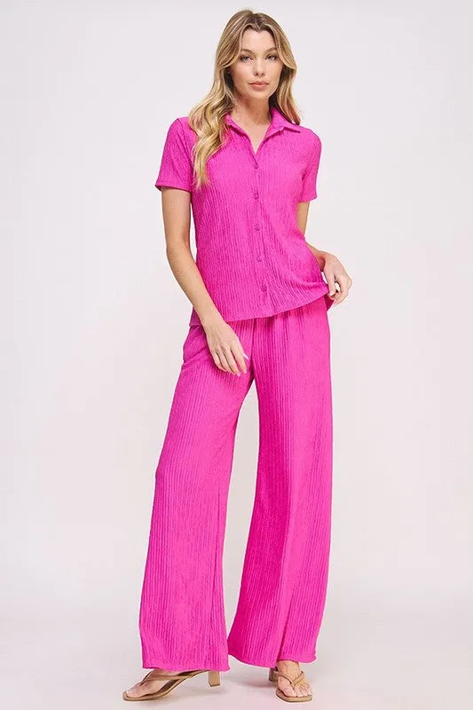 TEXTURED SHORT SLV BUTTON DOWN/WIDE LEG PANTS SET