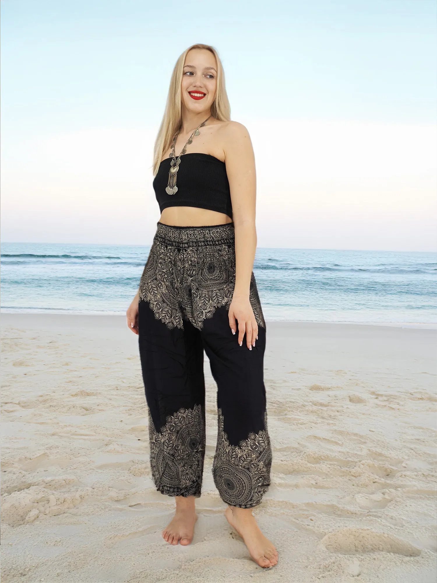 Unisex Harem Yoga Hippie Boho Pants in Black And White With Mandala Print L-XL-XXL