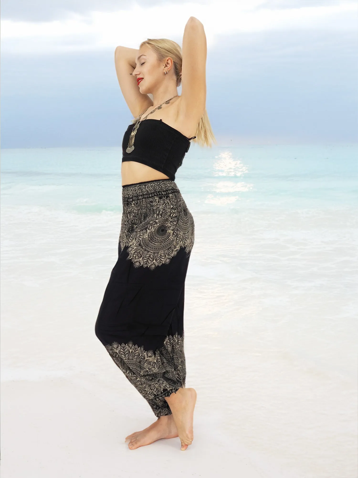 Unisex Harem Yoga Hippie Boho Pants in Black And White With Mandala Print L-XL-XXL