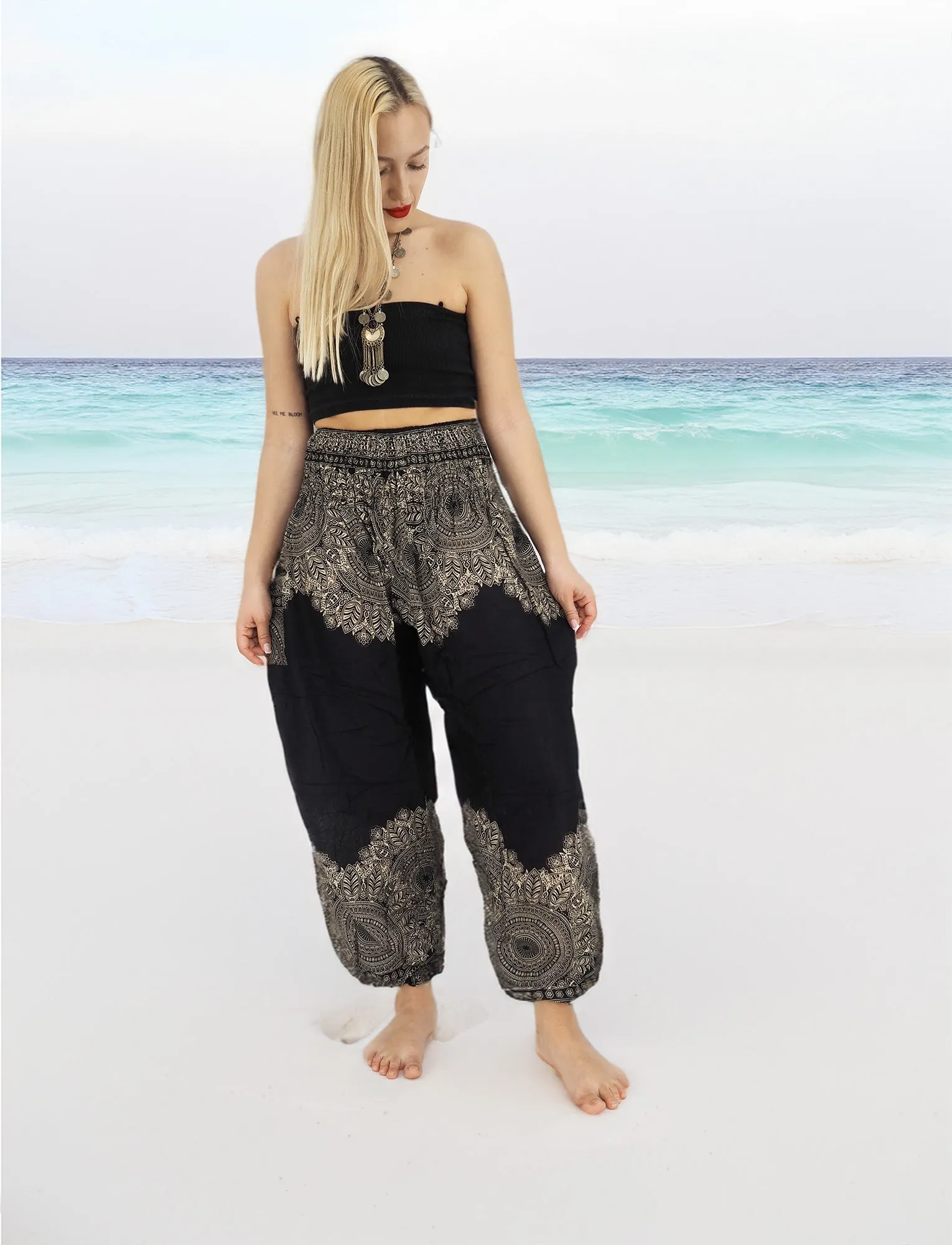 Unisex Harem Yoga Hippie Boho Pants in Black And White With Mandala Print L-XL-XXL