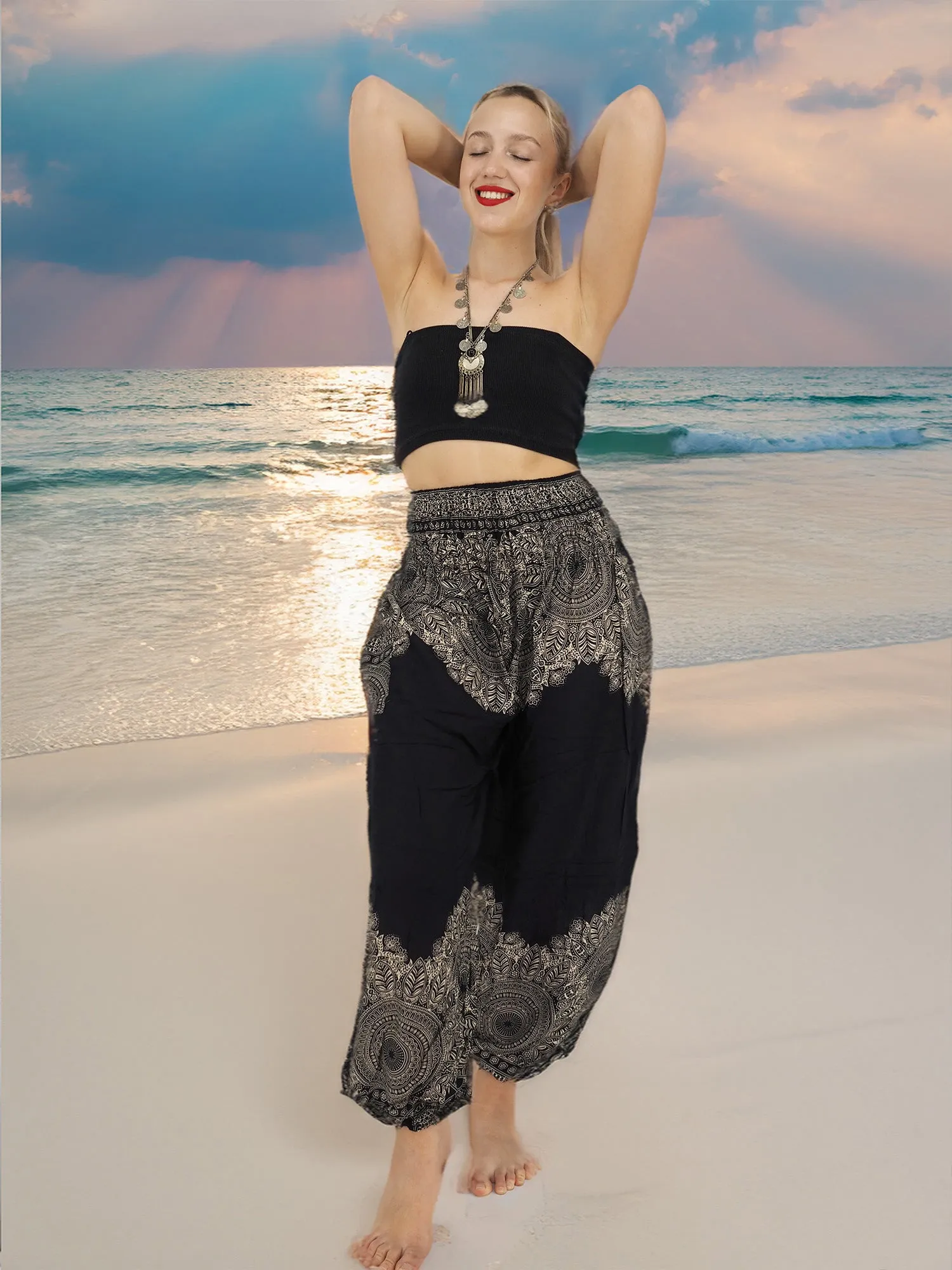 Unisex Harem Yoga Hippie Boho Pants in Black And White With Mandala Print L-XL-XXL