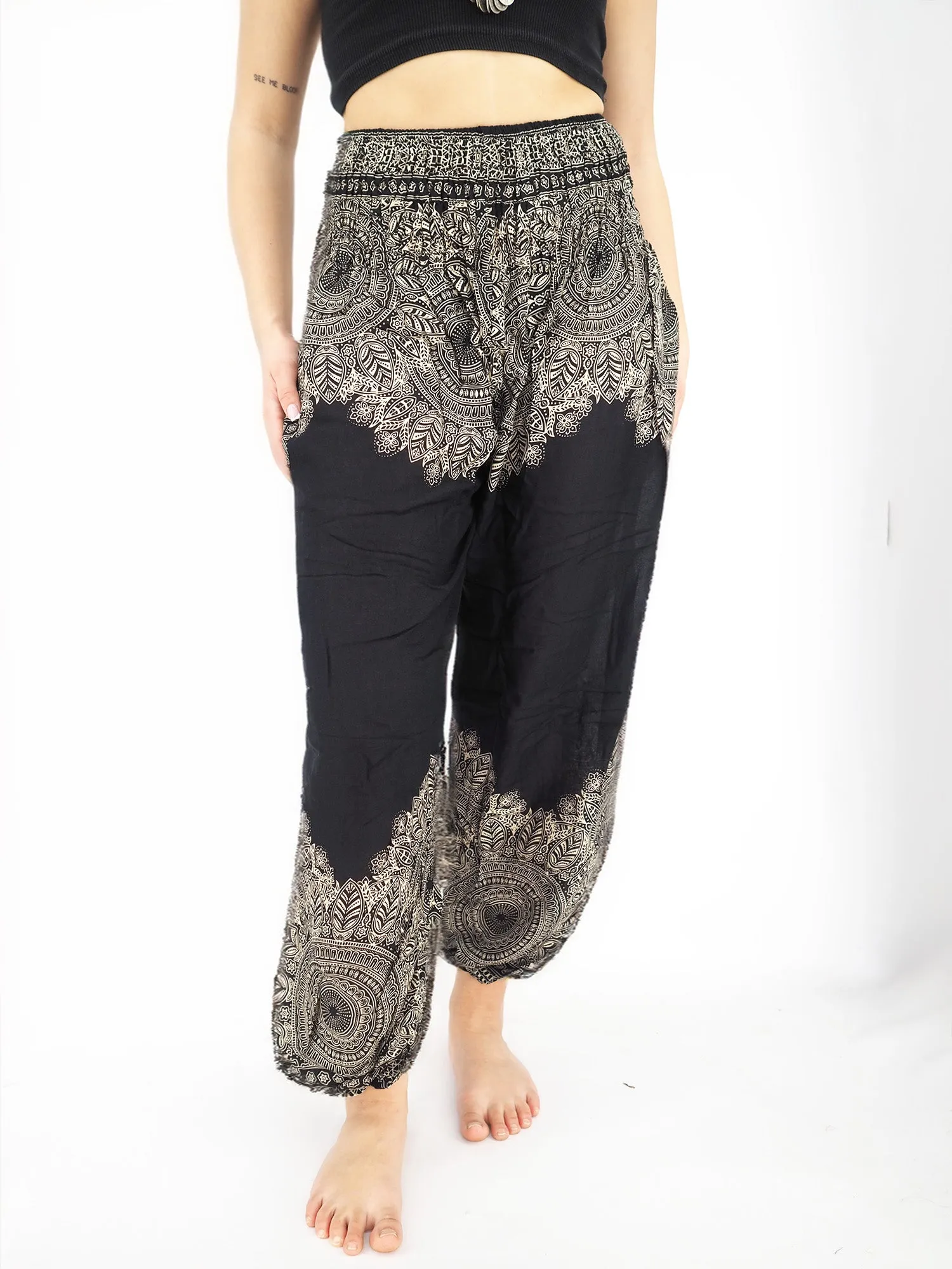 Unisex Harem Yoga Hippie Boho Pants in Black And White With Mandala Print L-XL-XXL