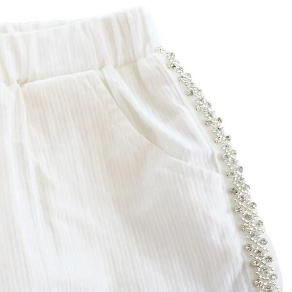 White Embellish Trim Wide Pants