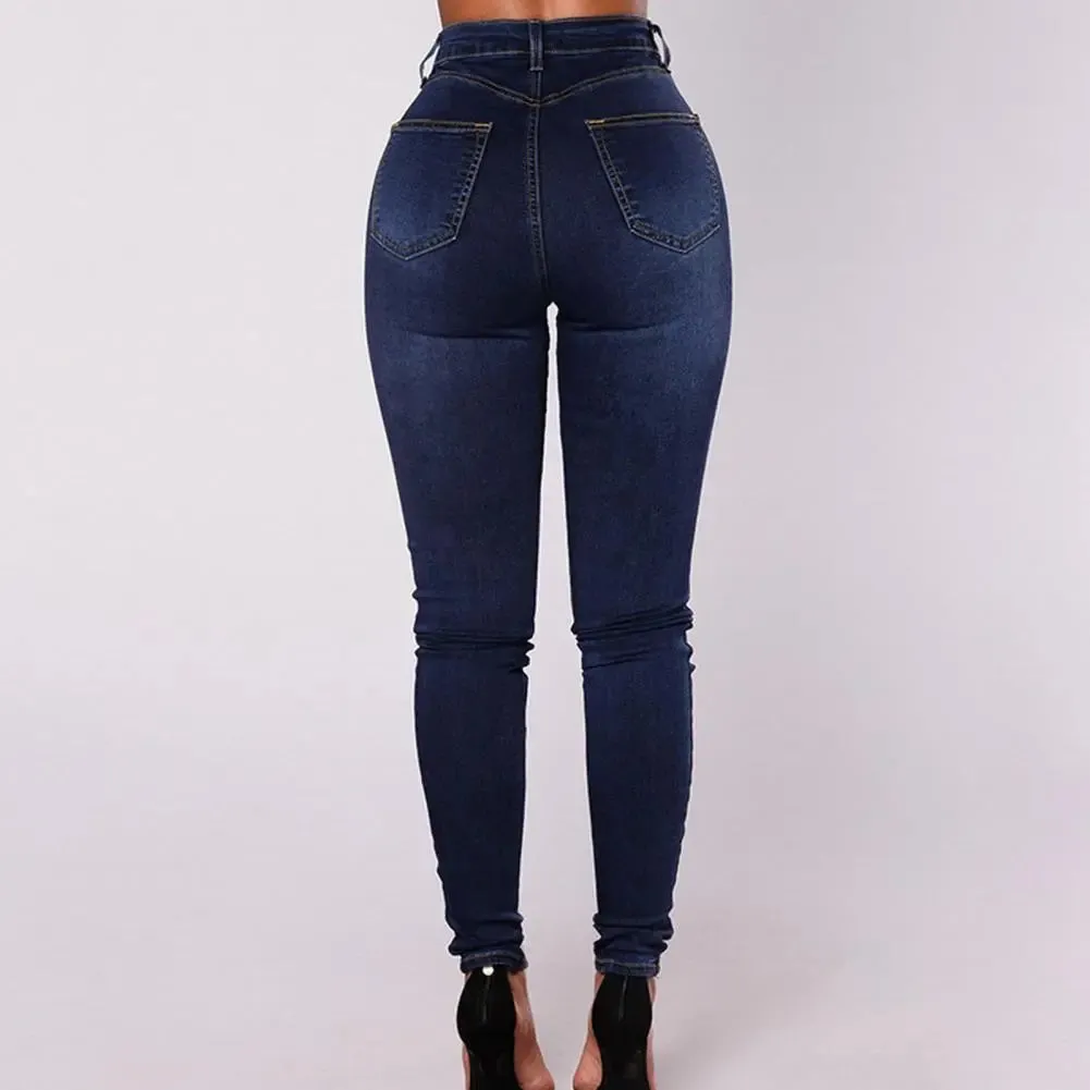 Women High Waist Jeans Skinny Double-breasted Pockets Push Up Full-Length Denim Pants