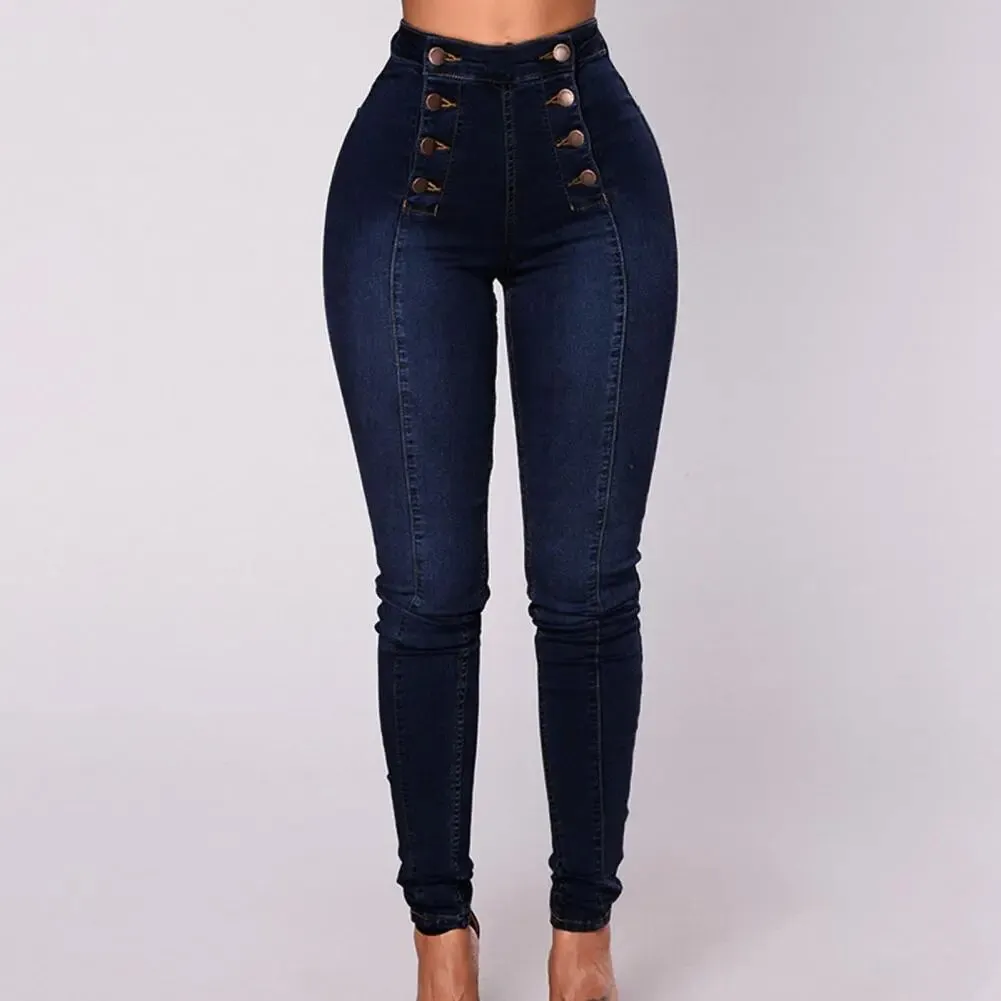 Women High Waist Jeans Skinny Double-breasted Pockets Push Up Full-Length Denim Pants