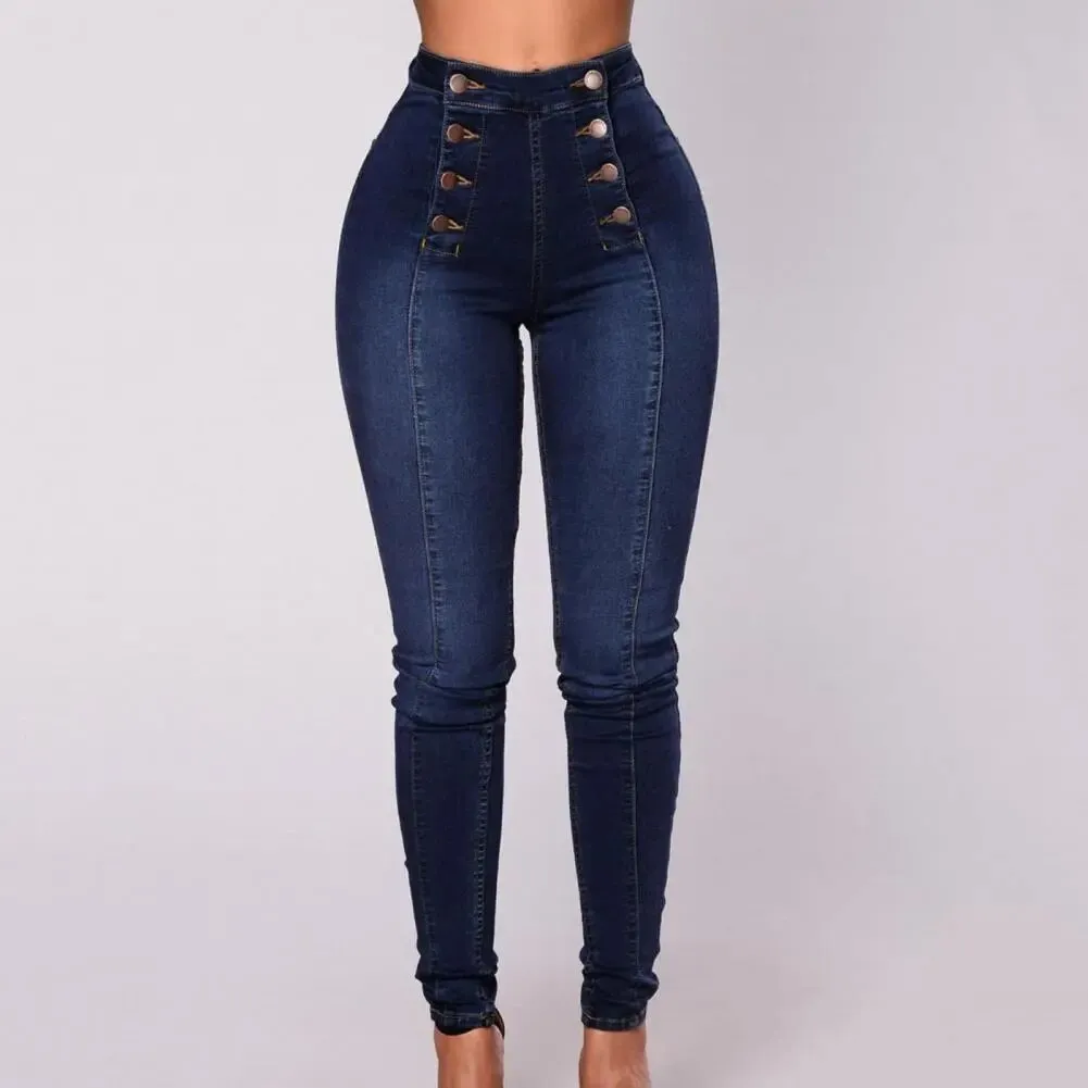 Women High Waist Jeans Skinny Double-breasted Pockets Push Up Full-Length Denim Pants