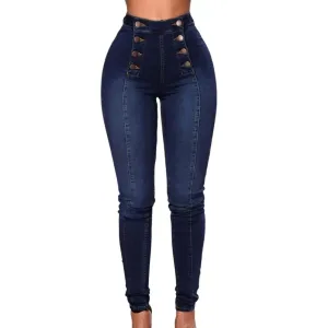 Women High Waist Jeans Skinny Double-breasted Pockets Push Up Full-Length Denim Pants