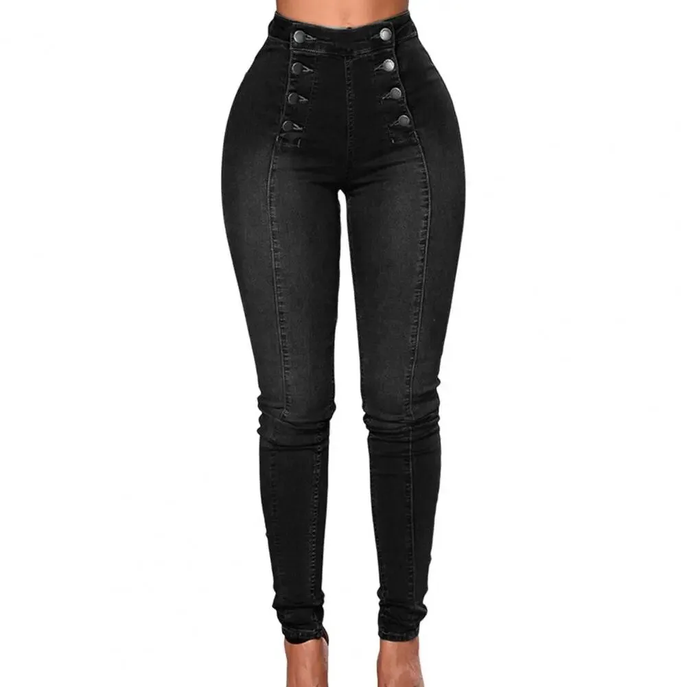 Women High Waist Jeans Skinny Double-breasted Pockets Push Up Full-Length Denim Pants