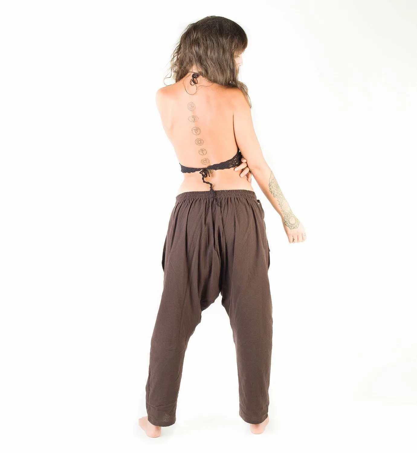 Womens Pants Brown Afghani Harem Drop Crotch, Primitive Handmade Comfortable Yoga Gypsy Boho Alibaba Aladdin Festival Goa two Pockets AJJAYA