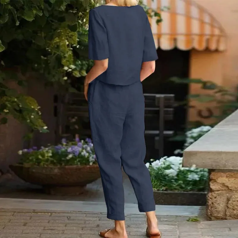 ZANZEA Summer Women Short Sleeve Blouse Harem Pants Sets 2PCS Solid Tracksuit Two Piece Sets Loose Outifit Casual Matching Sets